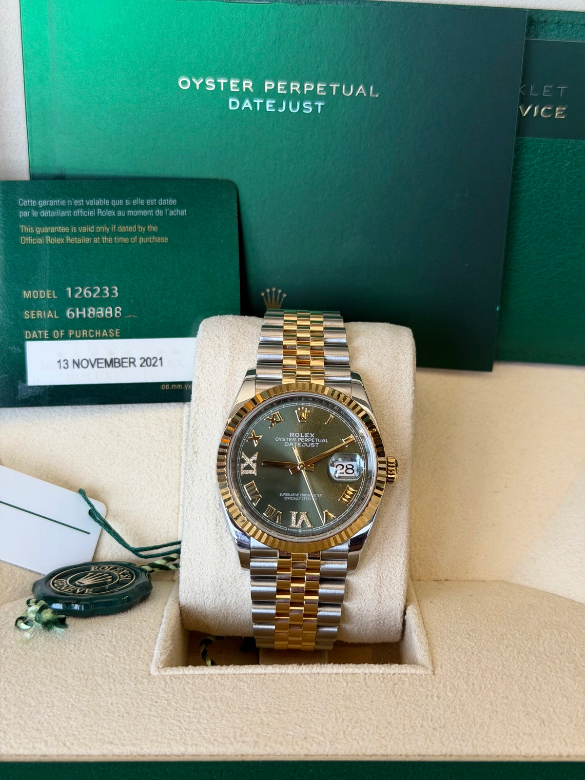 Rolex Datejust 36 Olive Green Roman Dial on Jubilee 126233 Card 2021