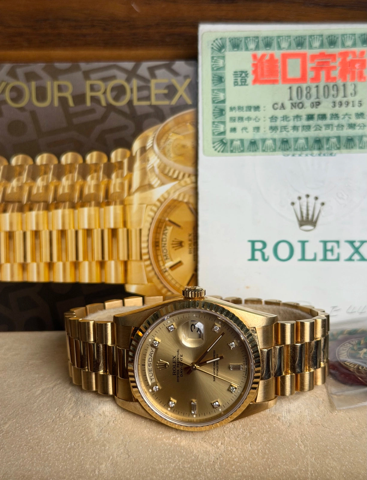 Rolex Day Date 36 Champagne Diamond Dial on President 18238 Complete Open Date