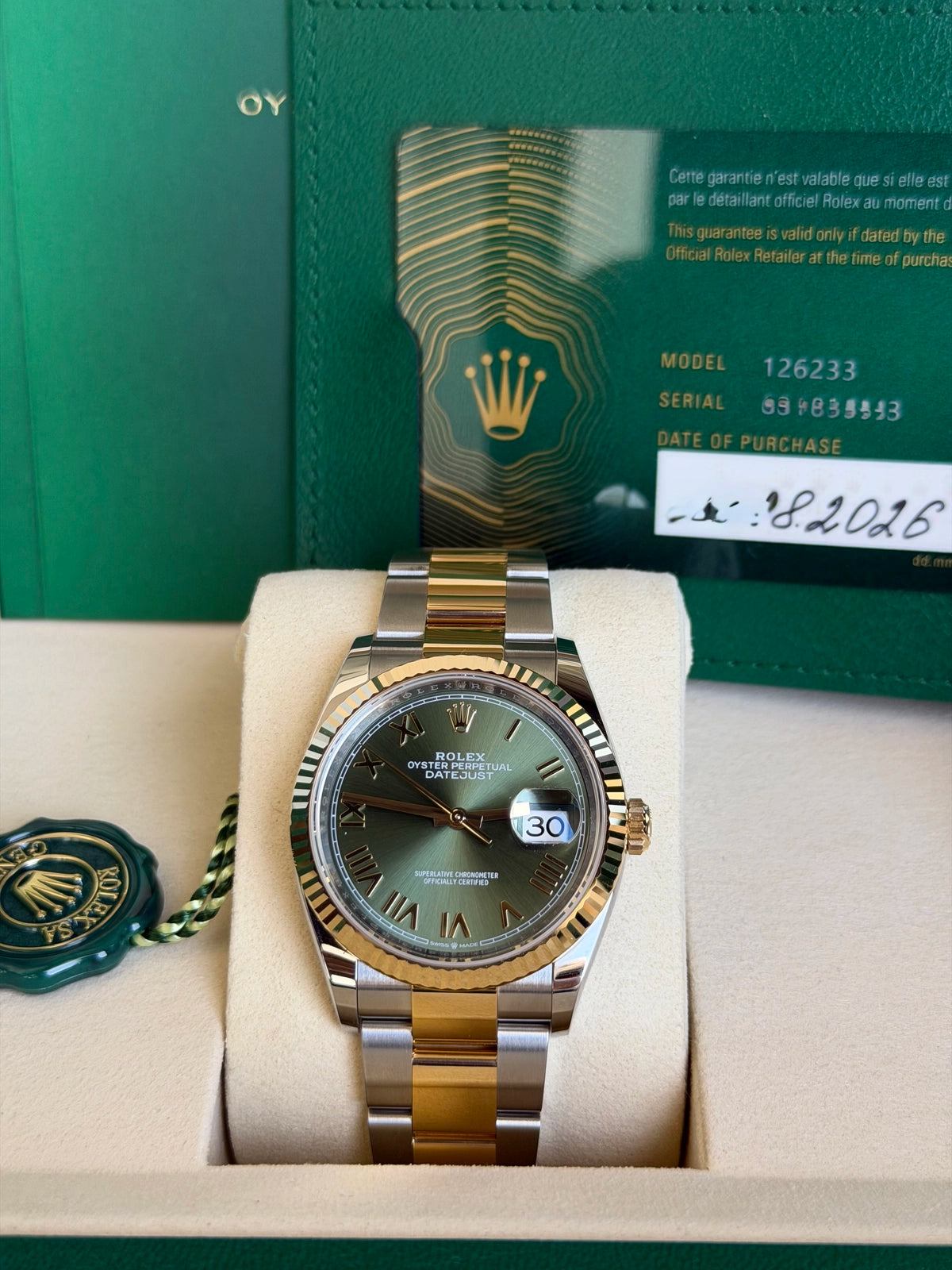 Rolex Datejust 36 Olive Green Roman Dial on Oyster 126233 Complete 2026