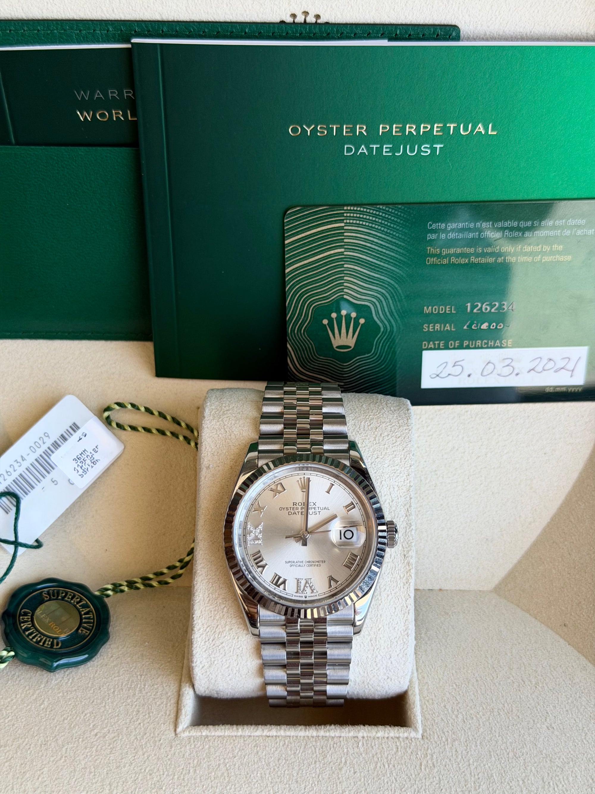 Rolex Datejust 36 Silver Diamond Roman Vi And Ix Dial on Jubilee 126234 Card 2024