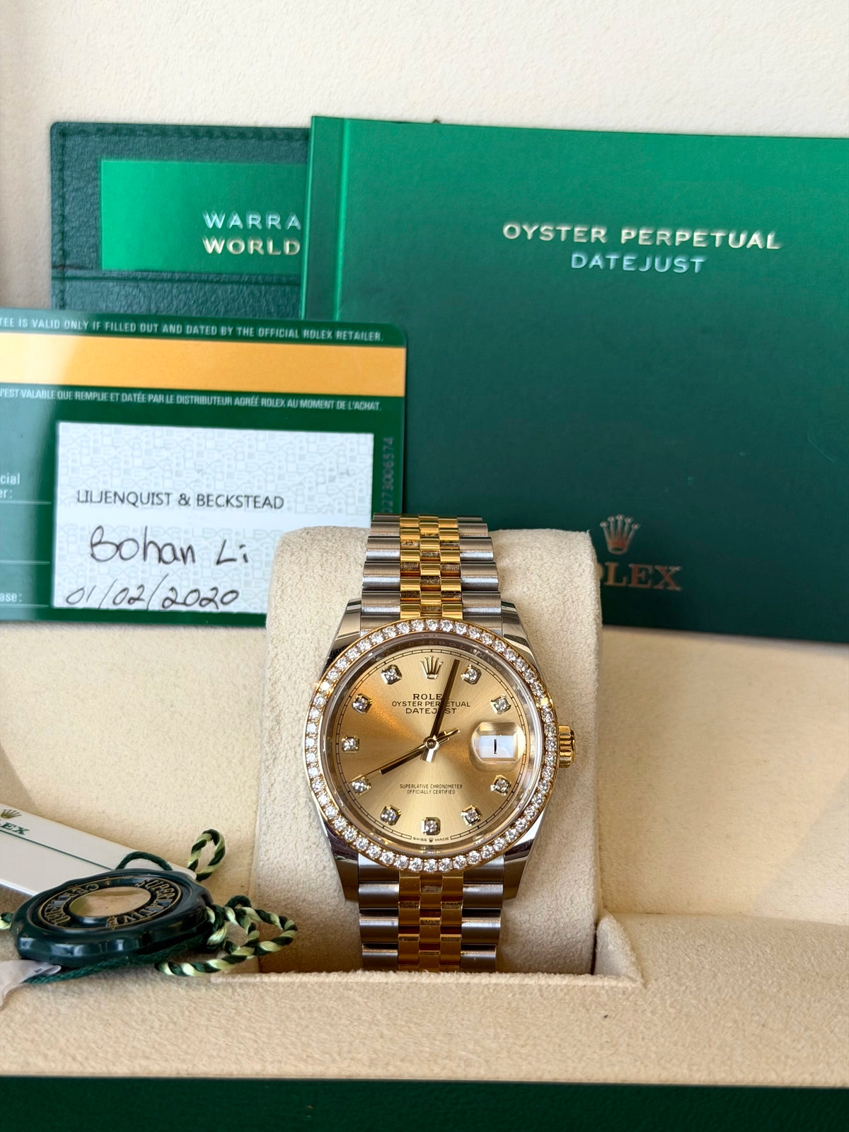 Rolex Datejust 36 Champagne Diamond Dial on Jubilee 126283 Card 2020