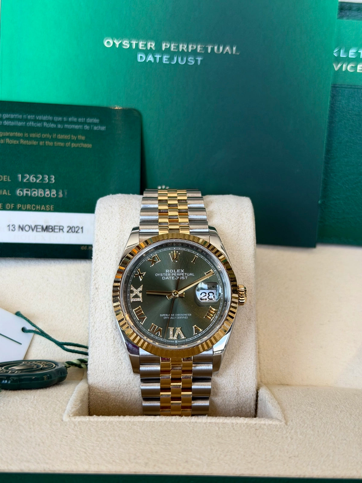 Rolex Datejust 36 Olive Green Roman Dial on Jubilee 126233 Card 2021