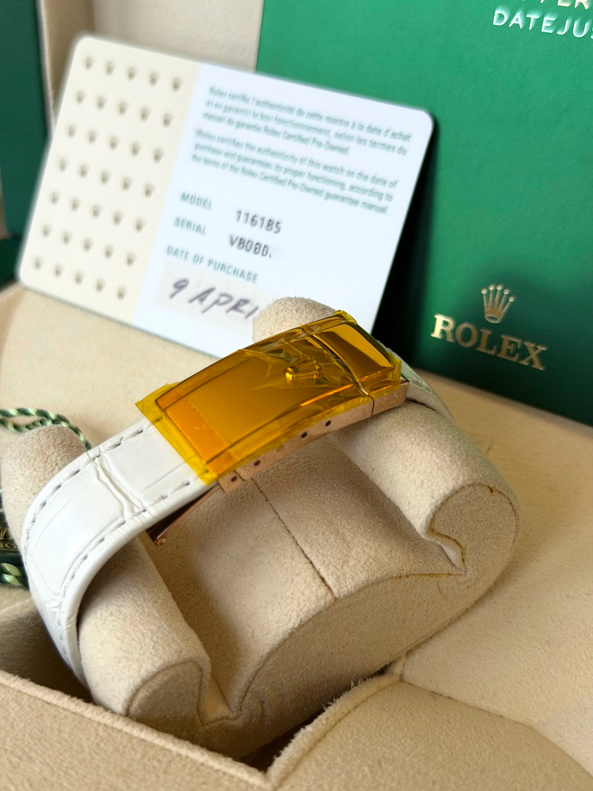 Rolex Datejust 36 Mother of Pearl Diamond Dial on White Leather Strap 116185 Certified Pre Owned Card 2025