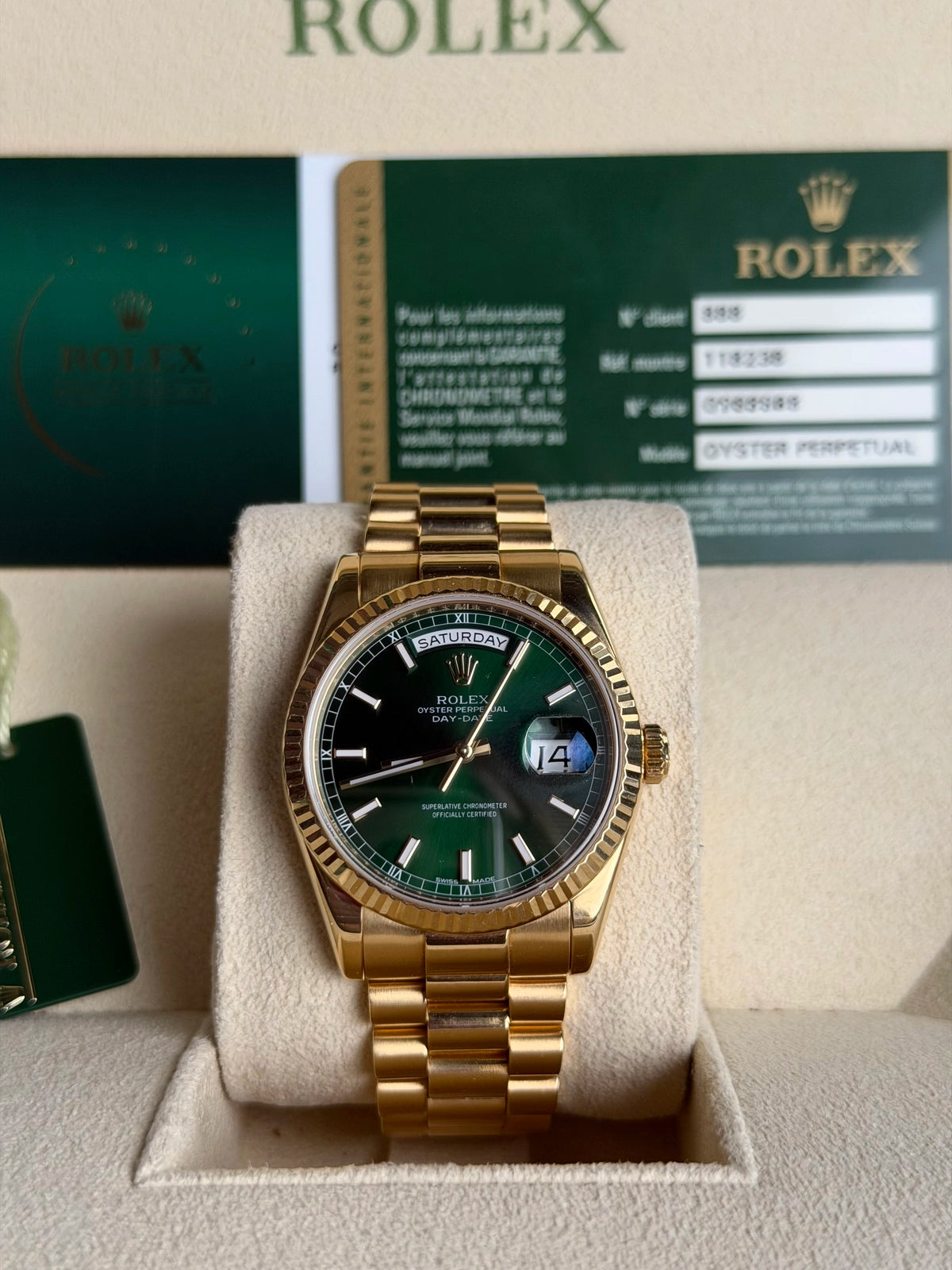 Rolex Day-Date 36 Green Index Dial on President 118238 Card 2010