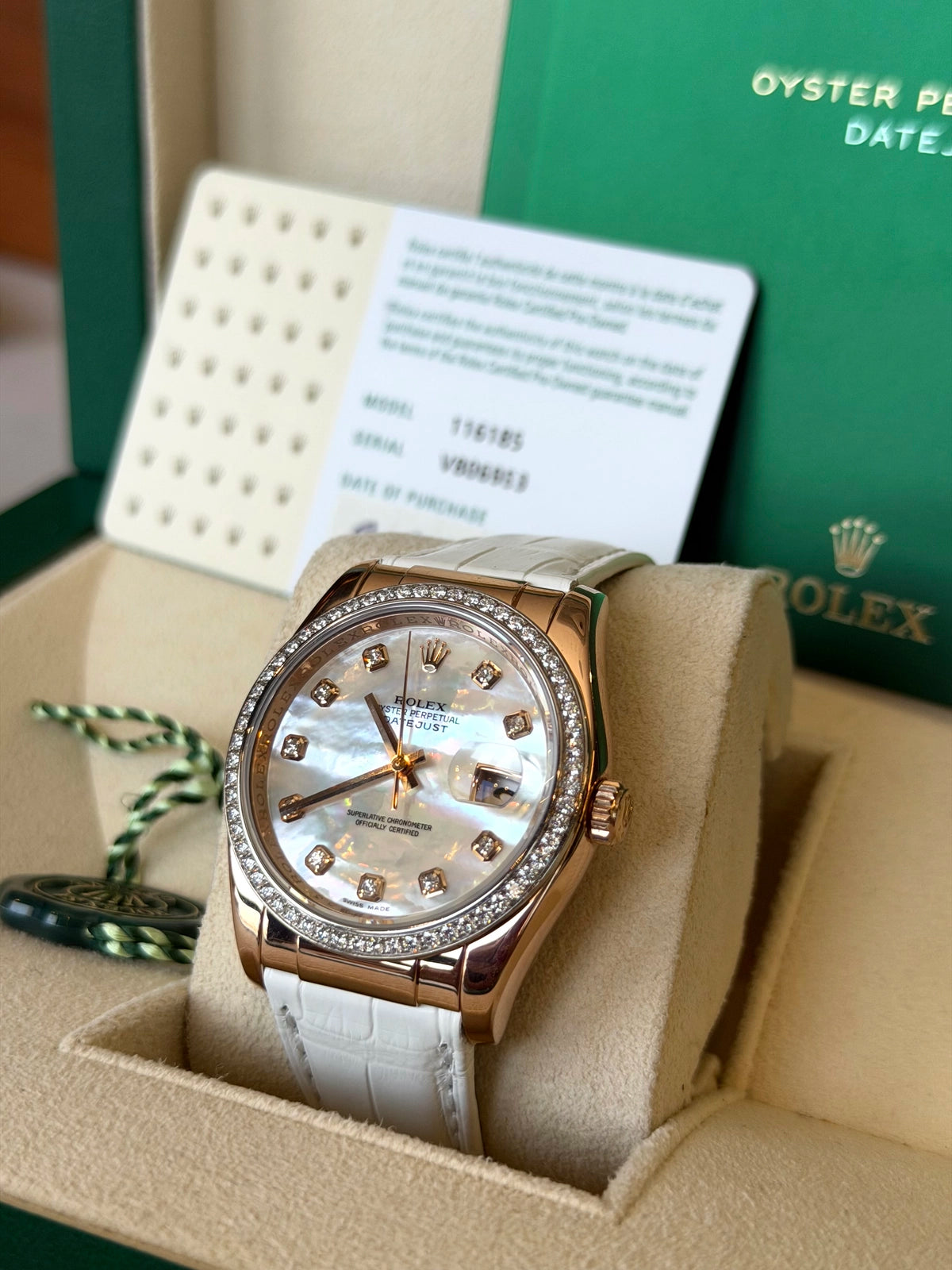 Rolex Datejust 36 Mother of Pearl Diamond Dial on White Leather Strap 116185 Certified Pre Owned Card 2025